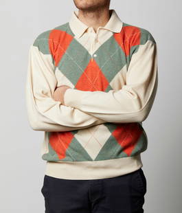 BALLANTYNE Polo sweater.: BALLANTYNE Polo sweater. . . Ballantyne polo sweater, collar with three buttons, terracotta checkered logo pattern, jade green on an ivory background. Shoulder 45 cm, waist 53 approximately. Size L. B