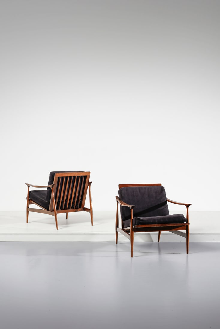 MANIFATTURA NORDICA Pair of armchairs.: Pair of armchairs. Wood and padded microfibre.. Cm 67,00 x 67,00 x 80,00. 1960s.