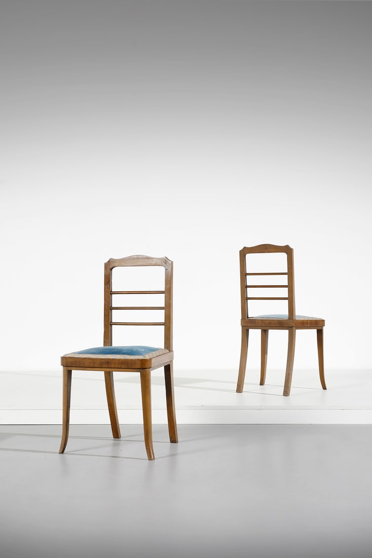 MANIFATTURA ITALIANA Liberty pair of chairs.: ITALIAN WORK Liberty pair of chairs. Oak and fabric.. Cm 46,00 x 90,00 x 47,00. 1920s.