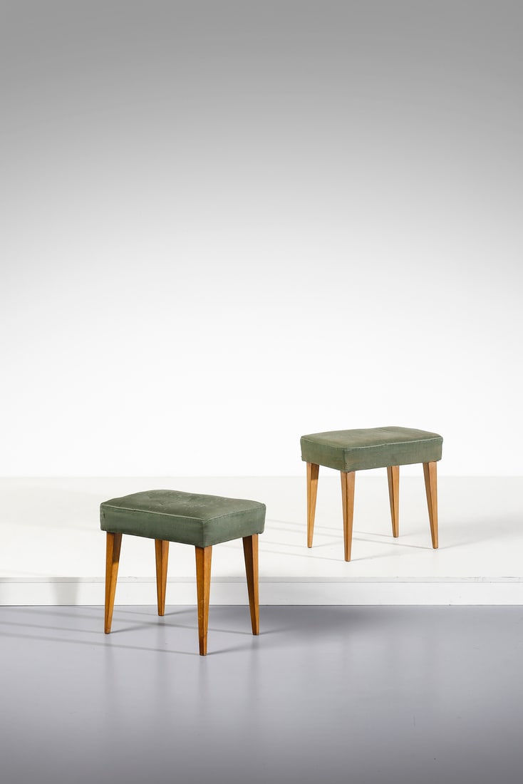 MANIFATTURA ITALIANA Pair of stools.: ITALIAN WORK Pair of stools. Wood and padded fabric.. Cm 44,00 x 44,00 x 36,00. 1950s.