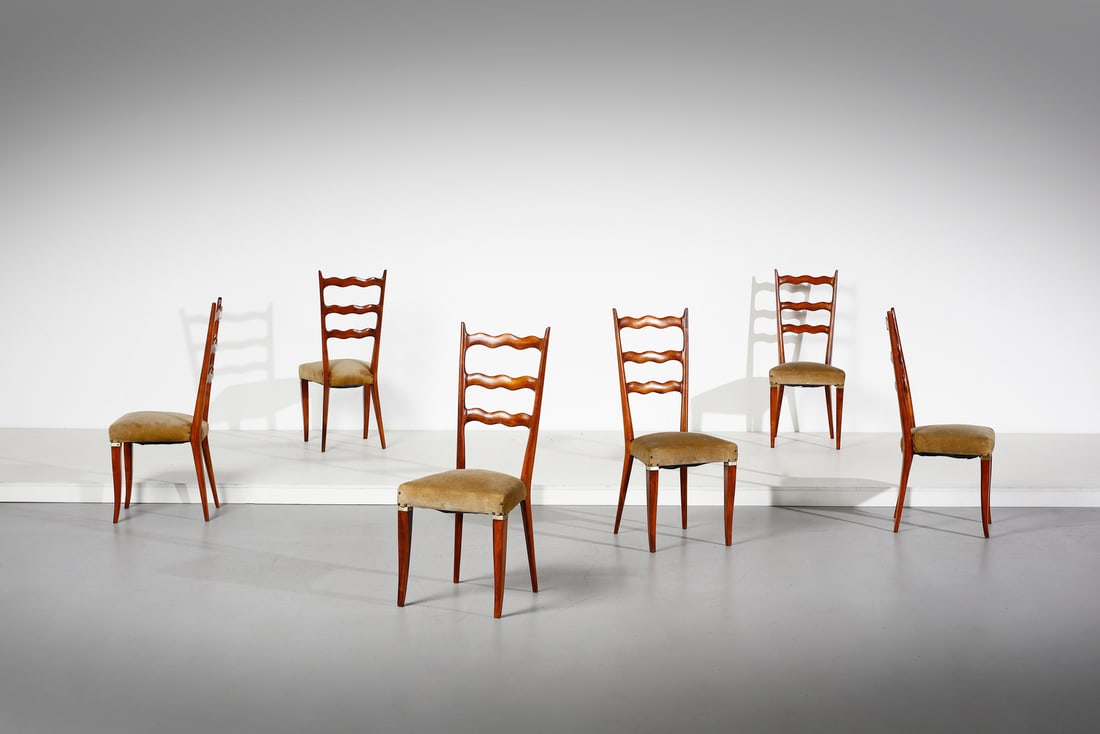 PAOLO BUFFA in the style of. Six chairs.: in the style of. Six chairs. Cherry and fabric.. Cm 105,00 x 45,00 x 43,00. 1940s.