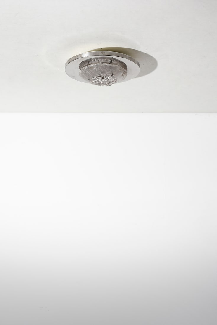 ANGELO BROTTO Ceiling lamp.: Ceiling lamp. Chromed metal and glass.. Cm 50,00 x 15,00 x 50,00. 1970s.