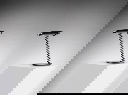 BRUNO GECCHELIN Ring pair of table lamps for Arteluce, Milan.: Ring pair of table lamps for Arteluce, Milan. 1979. Painted metal and chromed metal.. Cm 50,00 x 40,00 x 29,00.