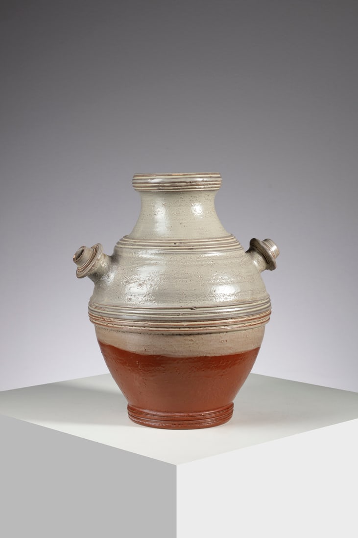 CERAMICA BITOSSI MONTELUPO Jug.: Jug. 1963. Polychrome glazed terracotta.. Cm 24,00 x 27,00 x 18,00. Made in small series for Poltronova and Raymor New Yok on the recommendation of Giovanni Michelucci. Label under the base.