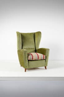 MELCHIORRE BEGA attributed. Bergere armchair.: attributed. Bergere armchair. Wood and padded velvet and fabric.. Cm 83,00 x 113,00 x 80,00. 1950s.