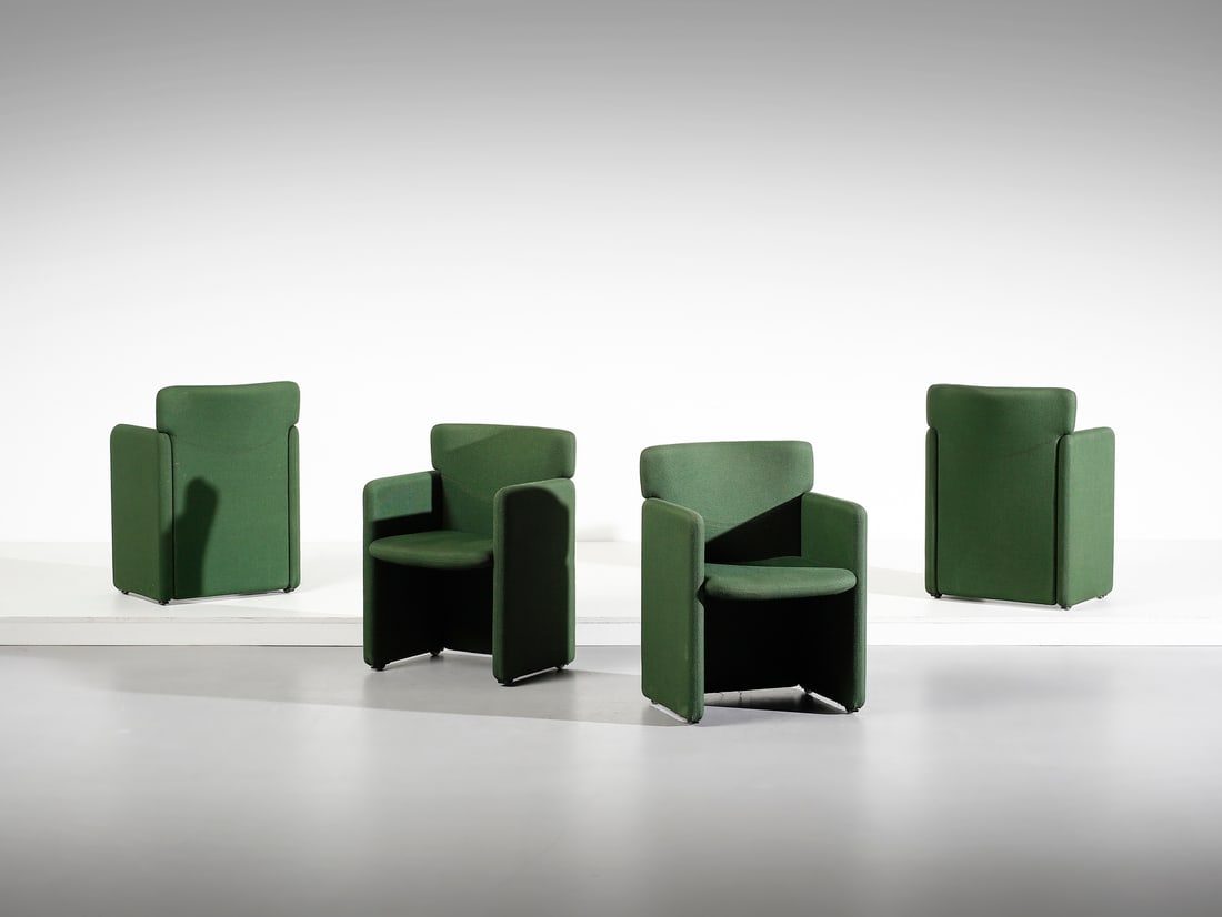 CENTRO PROGETTI TECNO Four armchairs from the 148 series for Tecno, Varedo.: CENTRO PROGETTI TECNO Four armchairs from the 148 series for Tecno, Varedo. 1980. Wood and padded fabric.. Cm 57,00 x 80,00 x 58,00. Literature: P. Bosoni, Osvaldo Borsani. Architetto, designer, impre