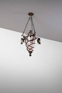 UMBERTO BELLOTTO in the style of. Three-lights ceiling lamp.: BELLOTTO UMBERTO (1882 - 1940) in the style of. Three-lights ceiling lamp. Wrought iron and light amethyst transparent blown glass.. Cm 50,00 x 105,00 x 50,00. 1910s / 1920s.