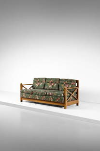 GUGLIELMO PECORINI Three-seater sofa.: PECORINI GUGLIELMO Three-seater sofa. 1954. Wood and padded fabric.. Cm 209,00 x 85,00 x 86,00.