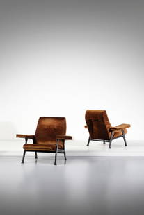 ROBERTO MENGHI Pair of Hall armchairs for Arflex, Milan.: MENGHI ROBERTO (1920 - 2006) Pair of Hall armchairs for Arflex, Milan. 1958. Painted metal and padded velvet.. Cm 100,00 x 81,00 x 80,00. Warning for the Compasso d'Oro (1959).Literature: Domus n. 360