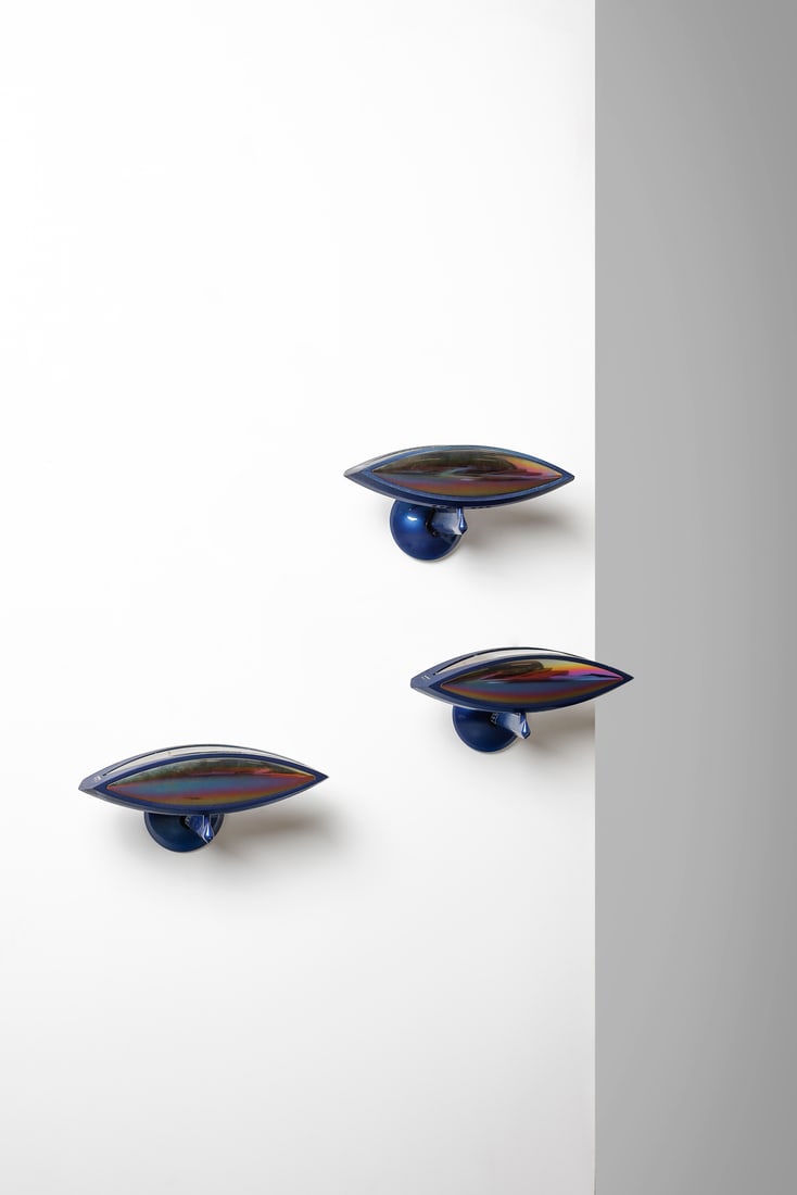 FABIO LOMBARDO Three AeTo/p wall lamps for Flos, Milan.: LOMBARDO FABIO Three AeTo/p wall lamps for Flos, Milan. Painted die-cast aluminum and glass.. Cm 26,00 x 24,00 x 46,00. 1980s.Production label.Literature (for the floor lamp): Domus n. 699, novembre 1