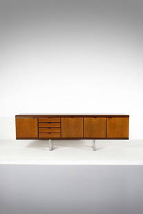 HANS VON KLIER Sideboard for Skipper, Italy.: VON KLIER HANS (1934 - 2000) Sideboard for Skipper, Italy. Mahogany wood, metal, plastic and glass.. Cm 250,00 x 81,00 x 50,00. 1970s.Marked "Original comput per Skipper" on the handles.