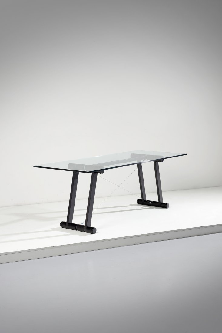 SUPERSTUDIO Teso table for Giovannetti, Pistoia.: SUPERSTUDIO Teso table for Giovannetti, Pistoia. 1975. Solid beech, crystal and steel cables.. Cm 200,00 x 72,00 x 80,00. Proveninece: Giovannetti collection, Pistoia
