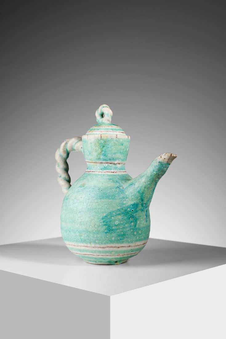 GUIDO GAMBONE Teapot, Vietri.: GAMBONE GUIDO (1909 - 1969) Teapot, Vietri. Green/blue, white and brown glazed stoneware.. Cm 25,00 x 25,00 x 14,00. 1950s.Located and signed with the Faenzarella symbol (donkey) under the base.