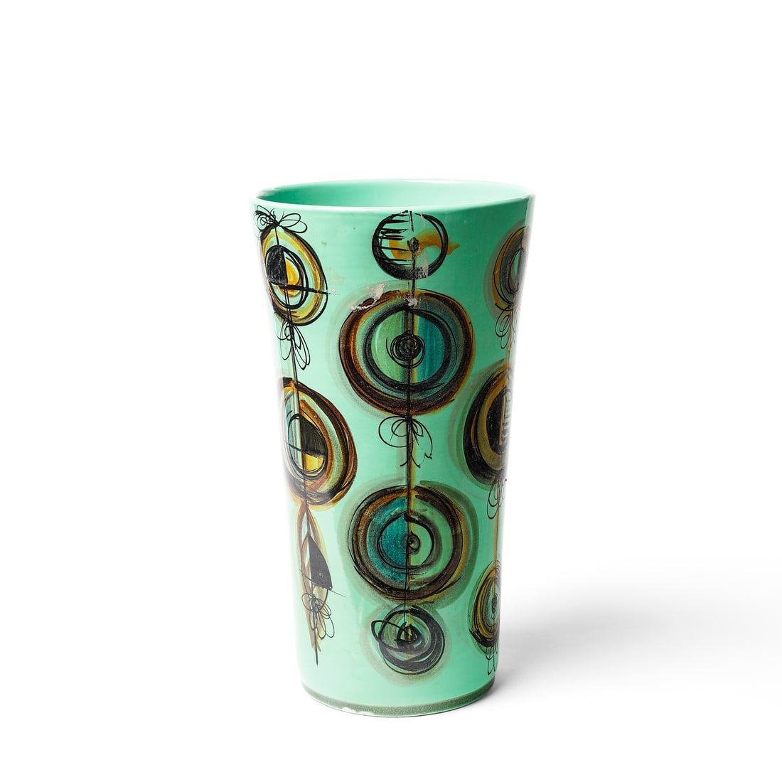 AMBROGIO POZZI Vase decorated with abstract subjects for Ceramica Pozzi, Varese.: POZZI AMBROGIO (1931 - 2012) Vase decorated with abstract subjects for Ceramica Pozzi, Varese. Polychrome underglazed ceramic.. Cm 26,00 x 47,00 x 26,00. 1950s.Marked in green under the base with the