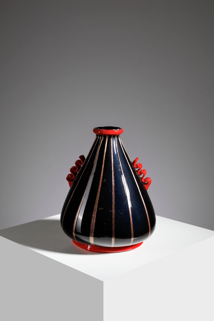 VETRERIE ARTISTICHE CIRILLO MASCHIO Truncated cone-shaped vase with application of curved morise, (1 of 5)