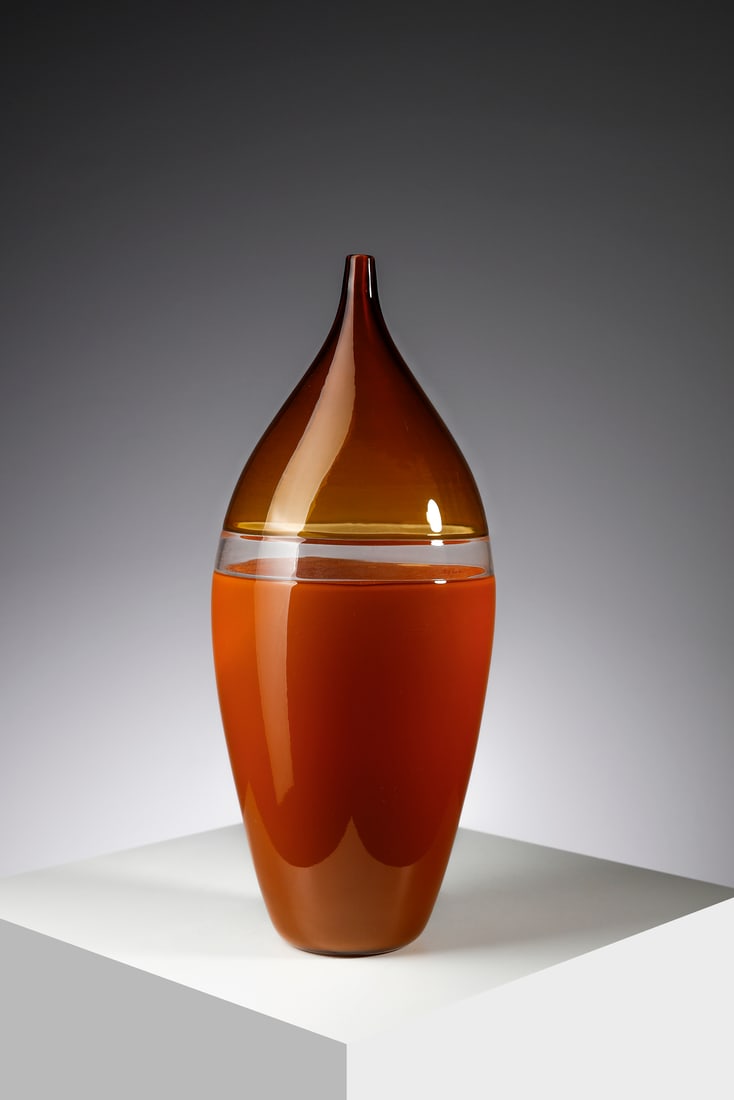 LA MURRINA Large vase, Murano.: LA MURRINA Large vase, Murano. Transparent orange, transparent colorless and incamiciato orange double-incalmo glass.. Cm 18,00 x 43,00. 1960s.Literature: La Murrina, catalogo d'epoca n. 1 (anni Sessa