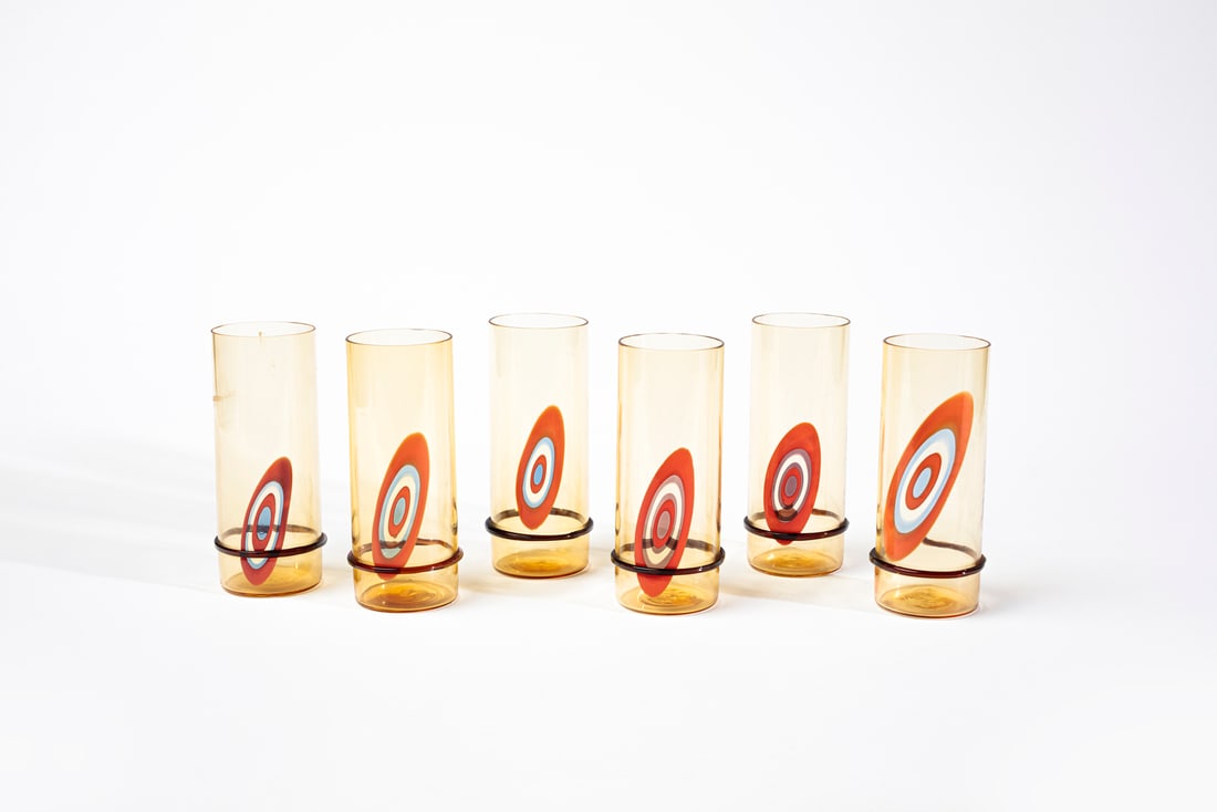 GIANMARIA POTENZA Six glasses for La Murrina, Murano.: POTENZA GIANMARIA (n. 1936) Six glasses for La Murrina, Murano. Pagliesco glass decorated with large murrine and amber glass application.. Cm 6,00 x 15,00 x 6,00. 1960s.