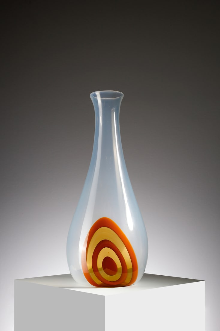 GIANMARIA POTENZA S/178 large vase for La Murrina, Murano.: POTENZA GIANMARIA (n. 1936) S/178 large vase for La Murrina, Murano. Lattescente glass decorated with large orange and pagliesco murrina.. Cm 22,00 x 53,00 x 22,00. 1960s.Literature: La Murrina, catal