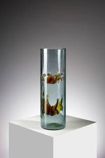 TONI ZUCCHERI Cylindrical vase from the Membrane series for VeArt, Murano.: ZUCCHERI TONI (1937 - 2008) Cylindrical vase from the Membrane series for VeArt, Murano. Colorless glass with internal hot application of amber glass membranes.. Cm 15,00 x 45,50 x 15,00. 1970 approx.