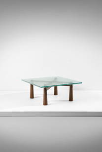 MAX INGRAND attributed. Large coffee table for Fontana Arte, Milan.: INGRAND MAX (1908 - 1969) attributed. Large coffee table for Fontana Arte, Milan. 1954. Palm wood and Saint Gobain bullicante glass.. Cm 108,00 x 46,50 x 108,50. Exhibitions: table exhibited at the ex