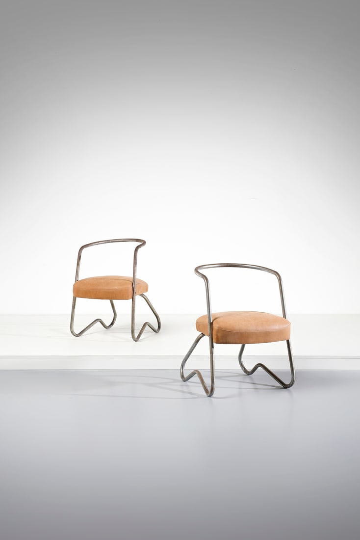 MANIFATTURA ITALIANA Pair of armchairs.: ITALIAN WORK Pair of armchairs. Metal and padded leatherette.. Cm 55,00 x 76,00 x 70,00. 1930s.