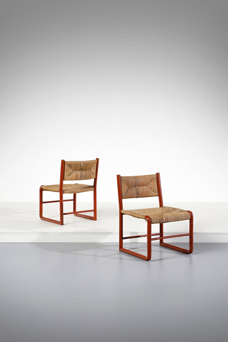 EMANUELE RAMBALDI Pair of small chairs execution by Chiappe from Chiavari.: RAMBALDI EMANUELE (1903 - 1968) Pair of small chairs execution by Chiappe from Chiavari. Painted wood and straw.. Cm 46,00 x 67,00 x 46,00. Early 1930s.Literature (for similar chairs): Domus n. 87, Ma