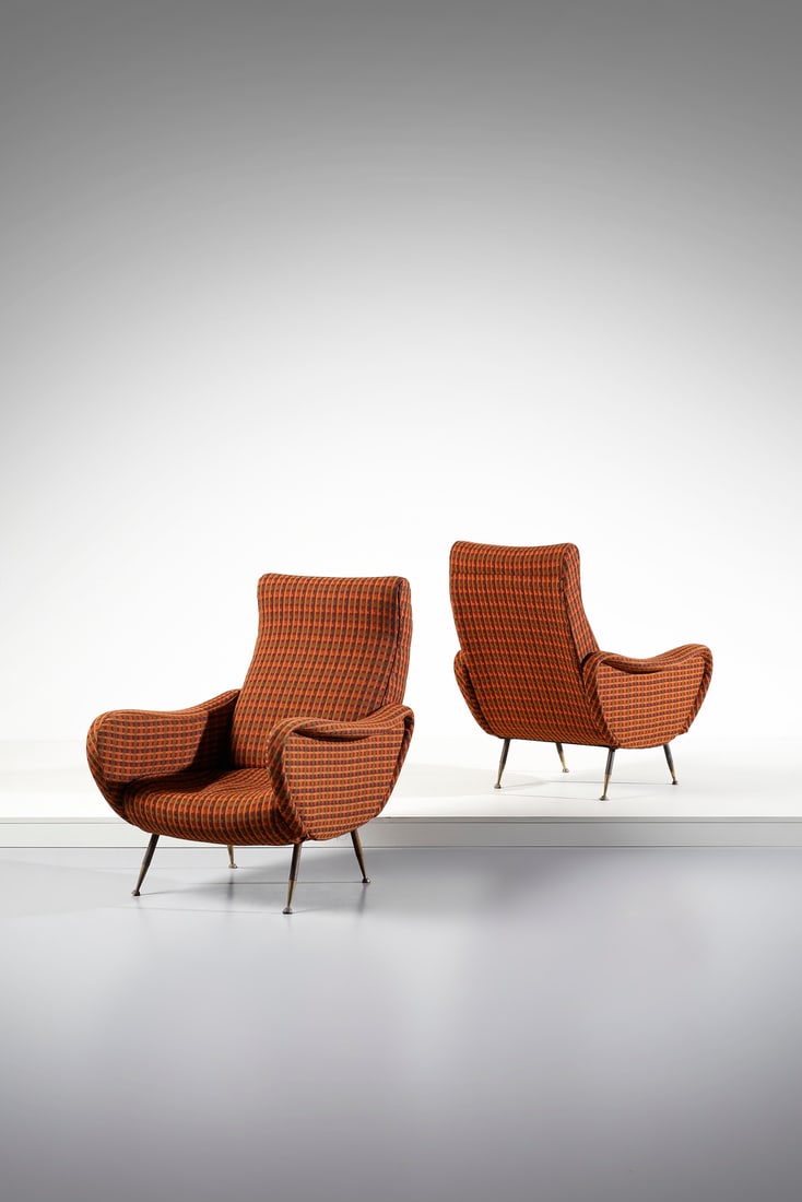 MANIFATTURA ITALIANA Pair of armchairs.: ITALIAN WORK Pair of armchairs. Painted iron, brass and padded fabric.. Cm 73,00 x 92,00 x 87,00. 1960s.