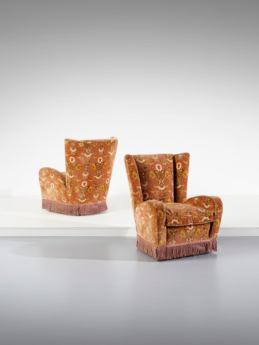 PAOLO BUFFA in the style of. Pair of armchairs.: BUFFA PAOLO (1903 - 1970) in the style of. Pair of armchairs. Wood and padding velvet.. Cm 73,00 x 92,00 x 84,00. 1950s.