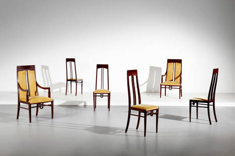 EUGENIO QUARTI Four chairs and two armchairs.: QUARTI EUGENIO (1867 - 1929) Four chairs and two armchairs. Mahogany wood and padded fabric. . . 1920s.Dimensions: armchairs 107 x 56 x 45 cm; chairs 107 x 40 x 40 cmPresented by the Arte Nova Foundat