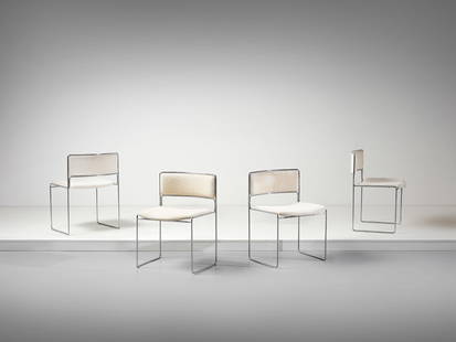 PREBEN FABRICIUS (1931-1984) & JORGEN KASTHOLM (1931-2007) Four stackable FK 90 chairs for Kill: PREBEN FABRICIUS (1931-1984) & JORGEN KASTHOLM (1931-2007) Four stackable FK 90 chairs for Kill International. Steel and padded fabric.. Cm 56,00 x 77,00 x 54,00. 1960s.