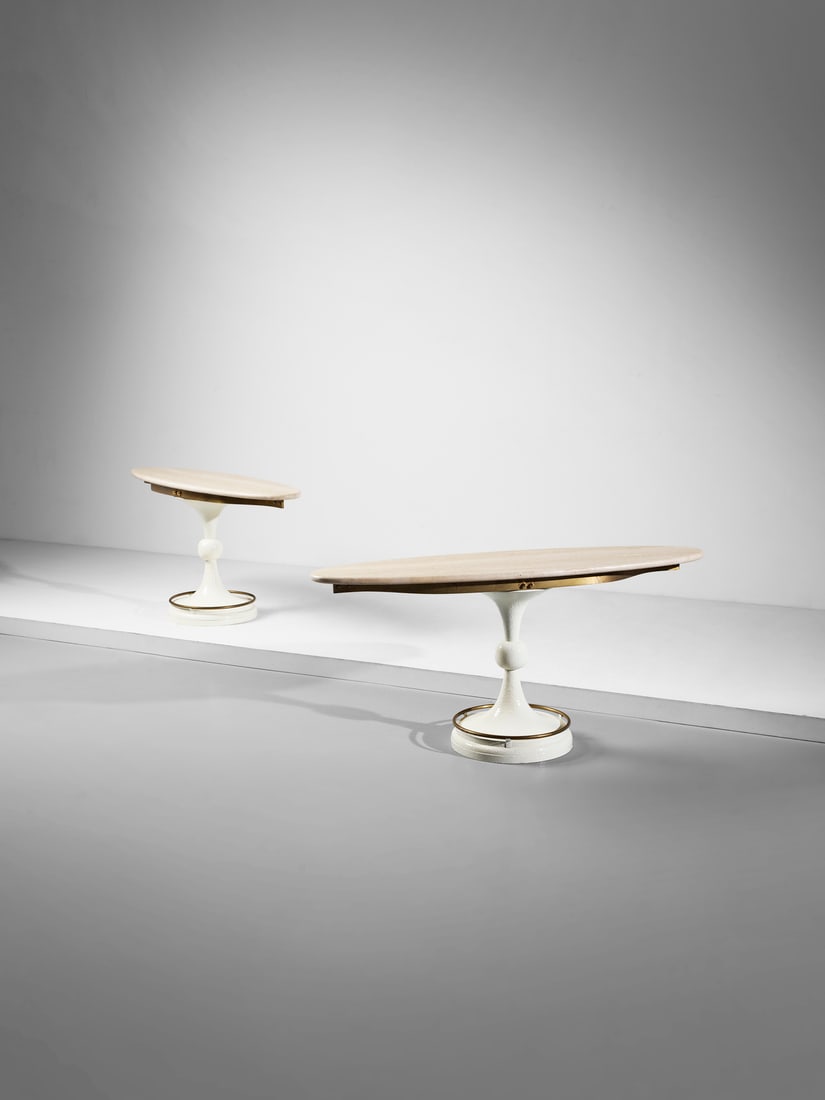 MARZIO CECCHI Pair of oval tables/consolles.: CECCHI MARZIO (1940 - 1990) Pair of oval tables/consolles. Painted metal, brass and marble.. Cm 160,00 x 75,00 x 49,00. 1970s.
