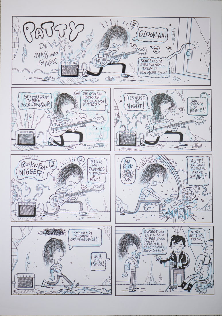 MASSIMO GIACON " Patty 2".: GIACON MASSIMO " Patty 2". 2021. Ink on paper. Cm 29,00 x 42,00. Page published in Linus no. 11, November 2021Format A 3 WE ALSO PUBLISH THE FINAL PAGE PUBLISHED IN LINUS, WHERE YOU CAN COMPARE THE AR