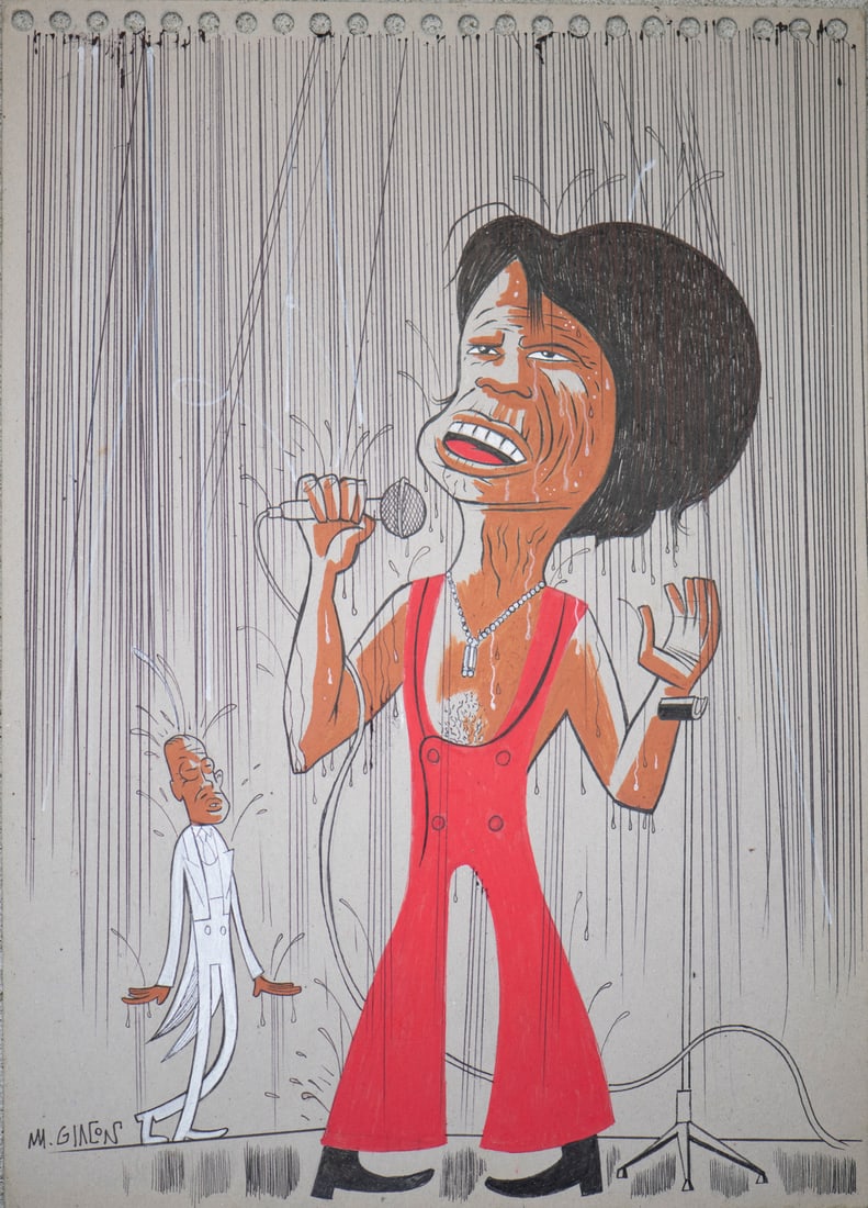 MASSIMO GIACON "JAMES BROWN" .: GIACON MASSIMO "JAMES BROWN" . 2021. Inks on paper. Cm 30,00 x 42,00. Illustration from the book MASTICANDO KM DI RUMORE, in which Giacon narrates in his own way through 100 written stories, 100 pictu