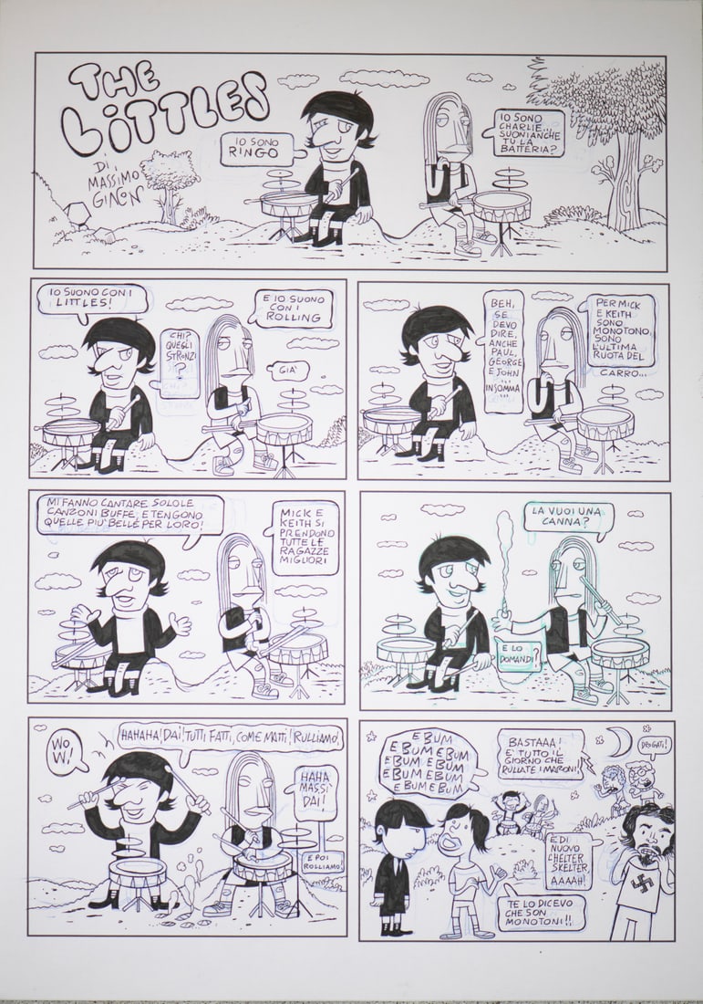 MASSIMO GIACON " THE LITTLES 1 ".: GIACON MASSIMO " THE LITTLES 1 ". Ink on paper. Cm 30,00 x 42,00. BOARD PUBLISHED IN LINUS NO. 12 OF DECEMBER 2020WE ALSO PUBLISH THE FINAL PAGE IN LINUS WHERE YOU CAN COMPARE THE ARTIST'S PROCESS FRO