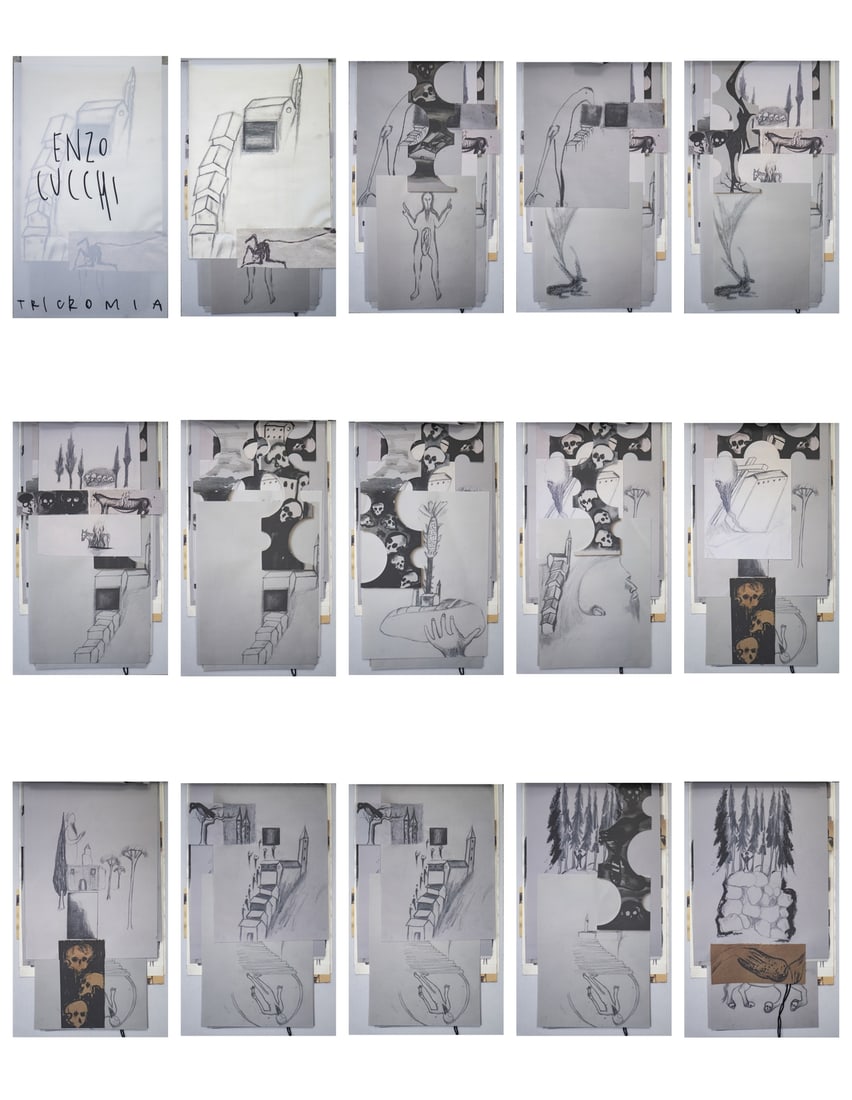 ENZO CUCCHI "PESATUS MOTUS LIBER".: CUCCHI ENZO (n. 1949) "PESATUS MOTUS LIBER". Mixed media and collage on paper. Cm 22,00 x 39,53. Copy of the artist's book by Enzo Cucchi for Tricromia, numbered 20 and signed by the artist.The editio