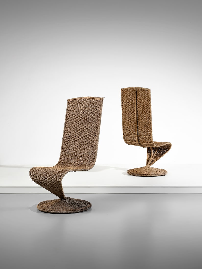 MARZIO CECCHI Pair of chairs.: CECCHI MARZIO (1940 - 1990) Pair of chairs. Metal and straw woven.. Cm 65,00 x 129,00 x 70,00. 1970s.