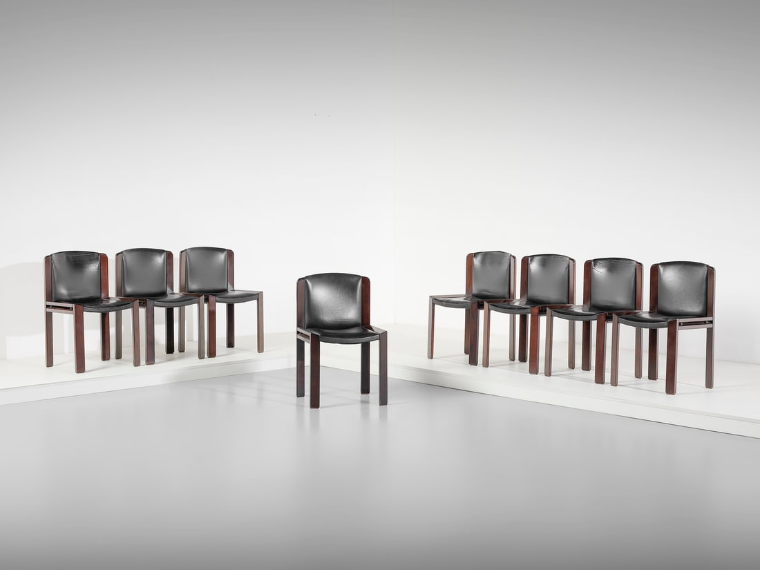 JOE COLOMBO Eight 300 chairs for Pozzi, Italy.: COLOMBO JOE (1930 - 1971) Eight 300 chairs for Pozzi, Italy. 1966. Lacquered wood and padded skai.. Cm 48,00 x 79,00 x 42,00. Literature: I Colombo. Joe Colombo 1930-1971, Gianni Colombo 1937-1993, Fa