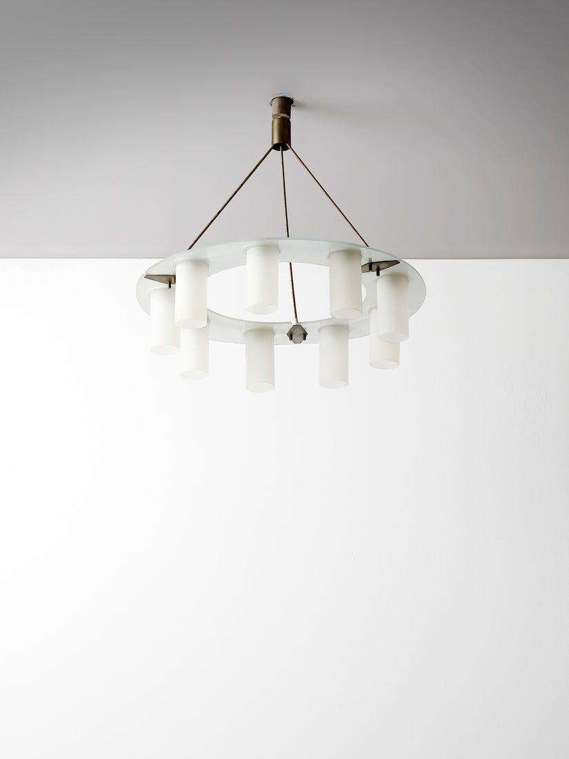 STILUX Nine-lights pendant lamp, Milan.: STILUX Nine-lights pendant lamp, Milan. Marble, brass, painted metal, satin glass.. Cm 72,00 x 80,00 x 72,00. 1950s.