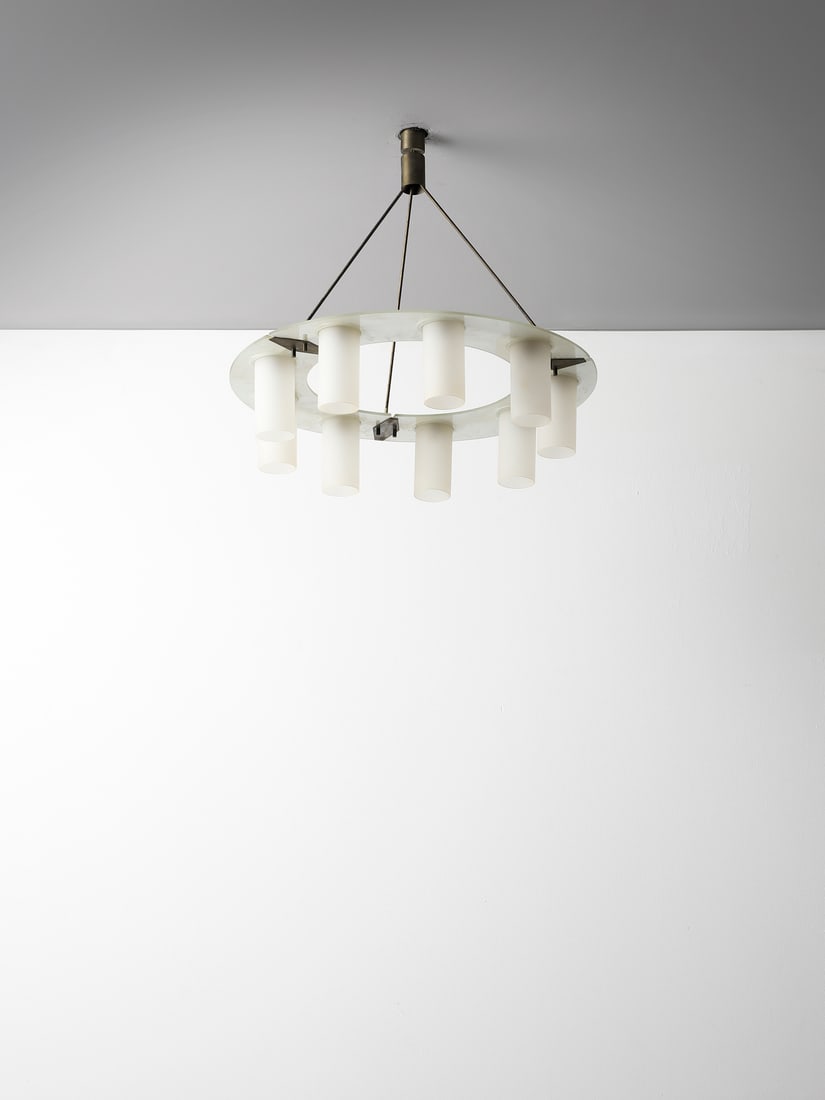 STILUX Nine-lights pendant lamp, Milan.: STILUX Nine-lights pendant lamp, Milan. Marble, brass, painted metal, satin glass.. Cm 72,00 x 80,00 x 72,00. 1950s.