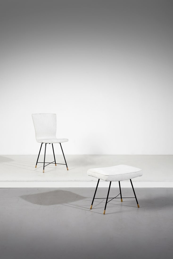 AUGUSTO BOZZI Athena chairs with foorest for Saporiti, Besnate.: BOZZI AUGUSTO (1924 - 1982) Athena chair with foorest for Saporiti, Besnate. 1959. Painted metal, brass and padded fabric.. . Dimensions: chair 42 x 82 x 54 cm; footrest 44 x 54 x 38 cmLiterature: Cat