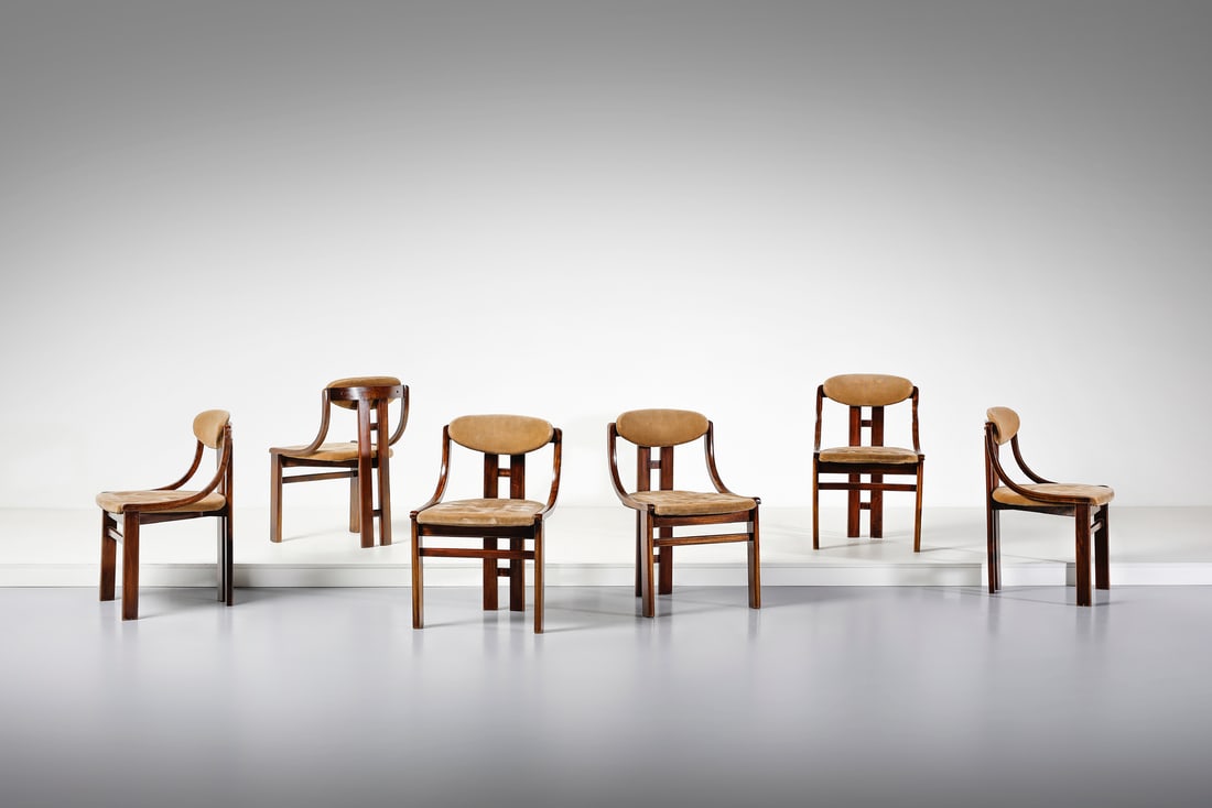 MANIFATTURA ITALIANA Six chairs.: ITALIAN WORK Six chairs. Alcantara and wood.. Cm 50,00 x 79,00 x 50,00. 1960s.