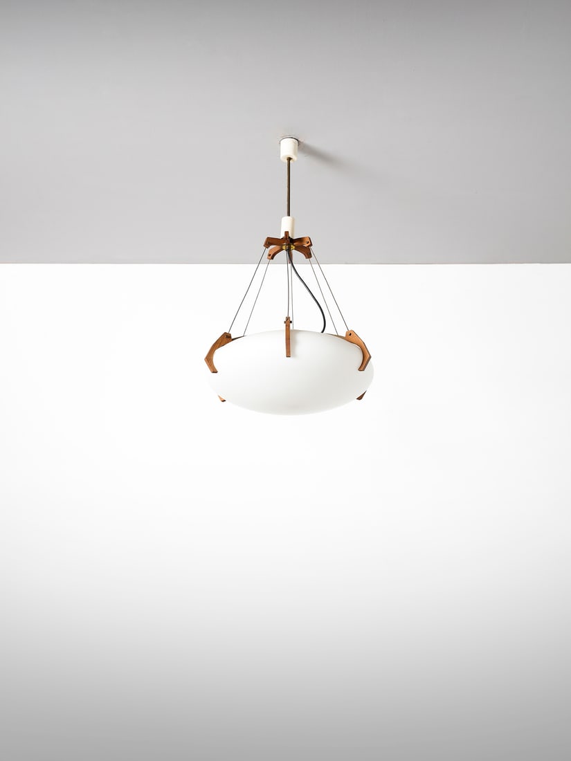MANIFATTURA ITALIANA Pendant lamp.: ITALIAN WORK Pendant lamp. Teak wood, painted metal, brass and lattimo etched glass.. Cm 50,00 x 95,00 x 50,00. 1960s.