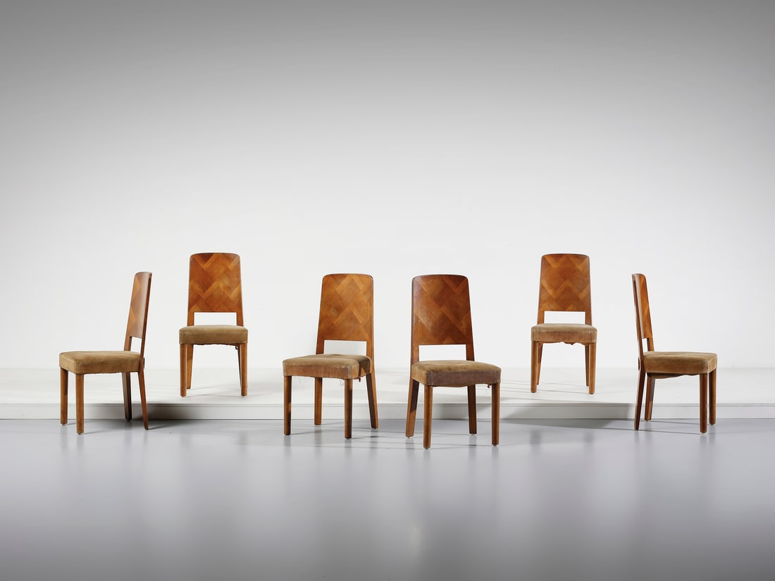 MANIFATTURA ITALIANA Six chairs.: ITALIAN WORK Six chairs. Woods in various essences and velvet.. Cm 46,00 x 95,00 x 50,00. 1940s / 1950s.