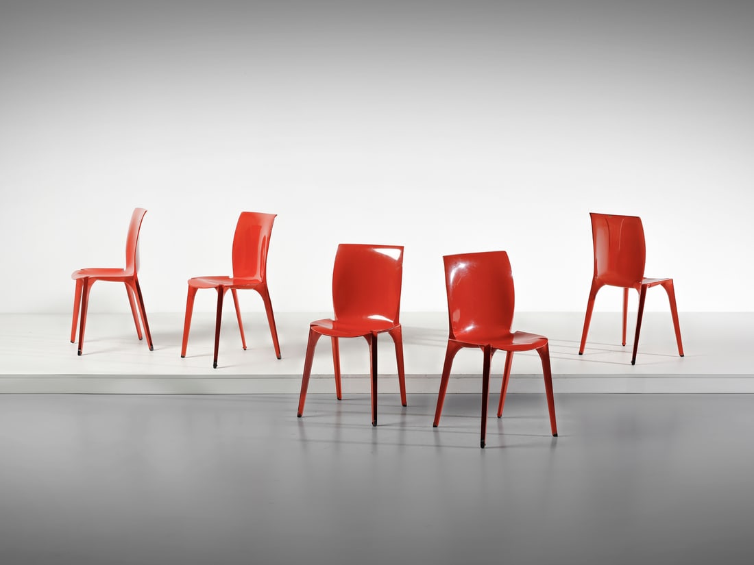 MARCO ZANUSO (1916-2001) & RICHARD SAPPER (1932-2015) Five Lambda chairs for Gavina, San Lazzaro di: MARCO ZANUSO (1916-2001) & RICHARD SAPPER (1932-2015) Five Lambda chairs for Gavina, San Lazzaro di Savena. 1963. Stamped and enamelled steel sheet and plastic.. Cm 39,00 x 78,50 x 41,00. Production l