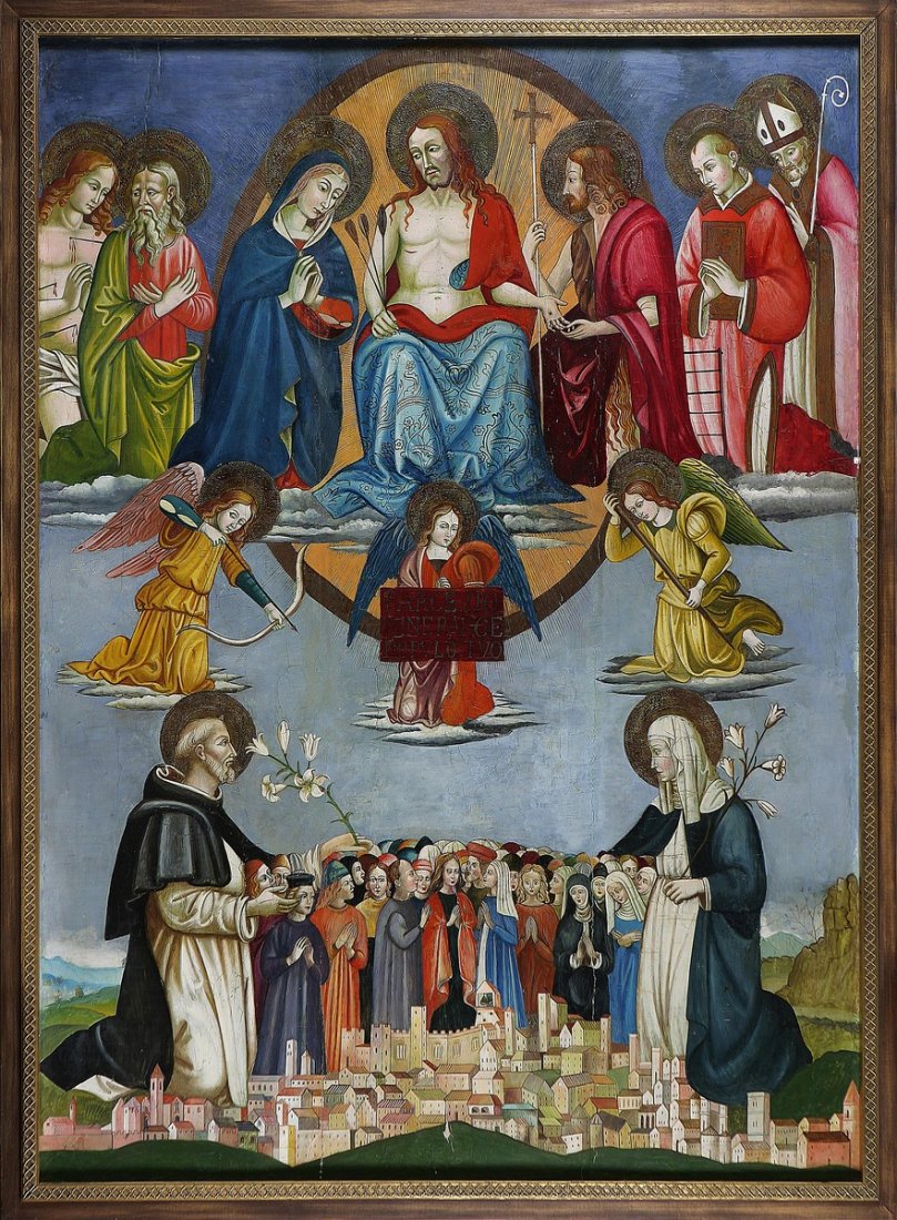 ARTISTA DEGLI INIZI DEL XIX SECOLO - Cristo attorni: ARTISTA DEGLI INIZI DEL XIX SECOLO Cristo attorniato da Santi ed Angeli e città di Perugia in miniatura. Olio su tavola. Cm 161,5x120. Cornice presente.