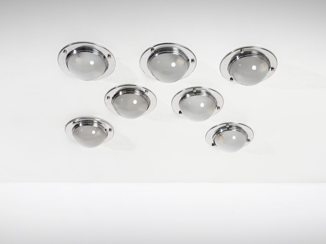 LUIGI CACCIA DOMINIONI Seven LSP6 Tommy ceiling-wall lamps for Azucena, Milan.: CACCIA DOMINIONI LUIGI (1913 - 2016) Seven LSP6 Tommy ceiling-wall lamps for Azucena, Milan. 1965. Polished steel and frosted glass.. Cm 36,00 x 13,00 x 36,00.