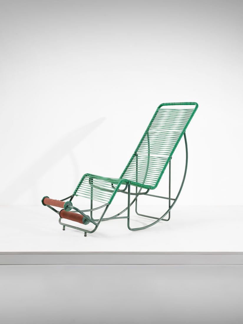 MANIFATTURA ITALIANA Rocking chaise longue.: ITALIAN WORK Rocking chaise longue. Moplen, painted iron and fabric.. Cm 160,00 x 112,00 x 55,00. 1950s.