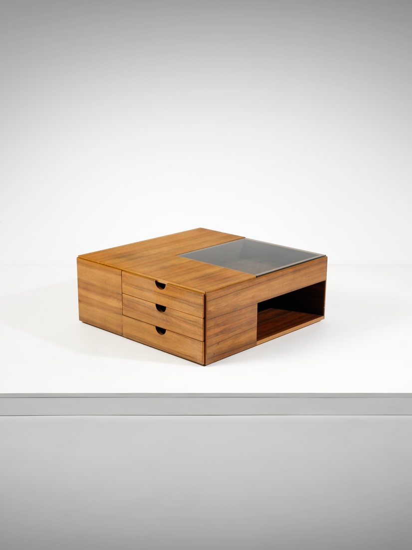 TECNORAMA Coffee table.: TECNORAMA Coffee table. Glass and wood.. Cm 90,00 x 35,00 x 90,00. 1980s.
