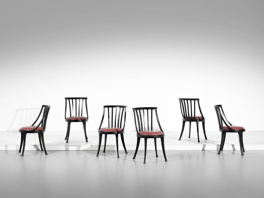 TITO AGNOLI Six Boulevard chairs for Poltrona Frau, Italy.: AGNOLI TITO (1931 - 2012) Six Boulevard chairs for Poltrona Frau, Italy. Lacquered wood and padded skai.. Cm 46,00 x 85,00 x 56,00. Design from 1990, chairs from 1993.Production label.