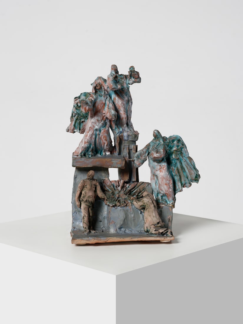 RENATO BASSOLI Nativity ScenePlastic sculpture depicting the Holy Family and three angels.: BASSOLI RENATO (1915 - 1982) Nativity ScenePlastic sculpture depicting the Holy Family and three angels. 1950. Hand-modeled and glazed terracotta in shades of pink, green, white and light blue.. Cm 23